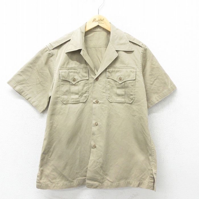 【50%OFF】M★古着 半袖 ビンテージ ミリタリー シャツ メンズ 50年代 50s コットン 開襟 オープンカラー USA製 ベージュ カーキ 24jul19 中古 トップス