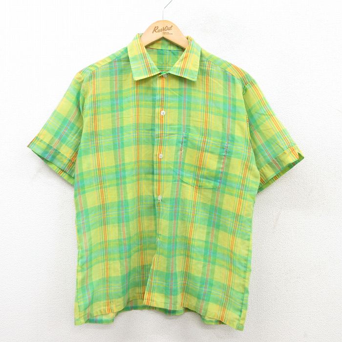 【50%OFF】M★古着 半袖 ビンテージ シャツ メンズ 70年代 70s 黄緑他 チェック 25may10 中古 トップス