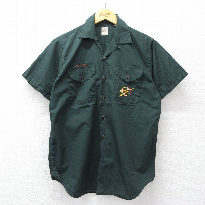 M★古着 半袖 ビンテージ ボーイスカウト シャツ メンズ 60年代 60s 開襟 オープンカラー 濃緑 26apr09