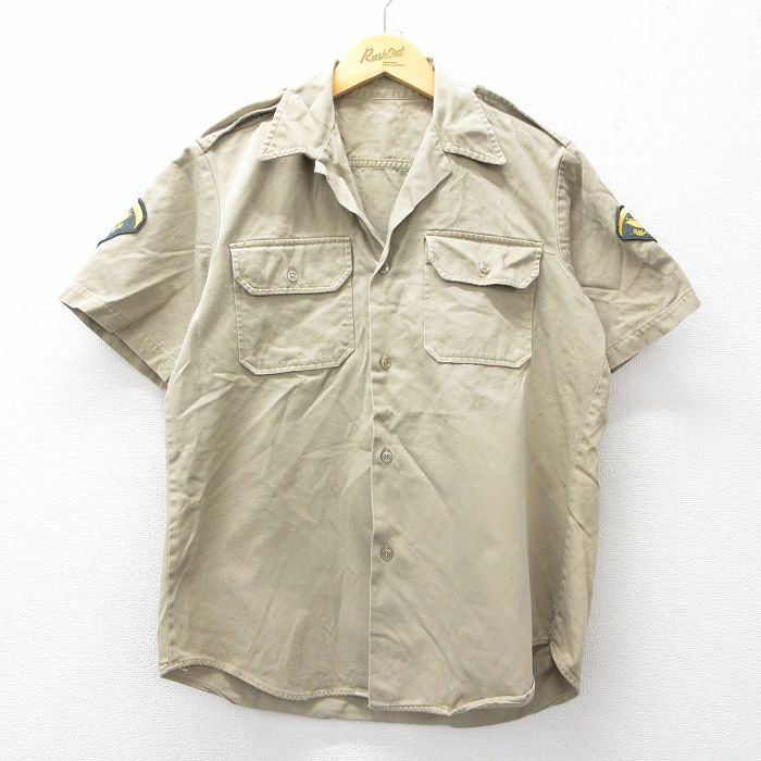 M★古着 半袖 ビンテージ ミリタリー シャツ メンズ 70年代 70s コットン 開襟 オープンカラー ベージュ 26apr09
