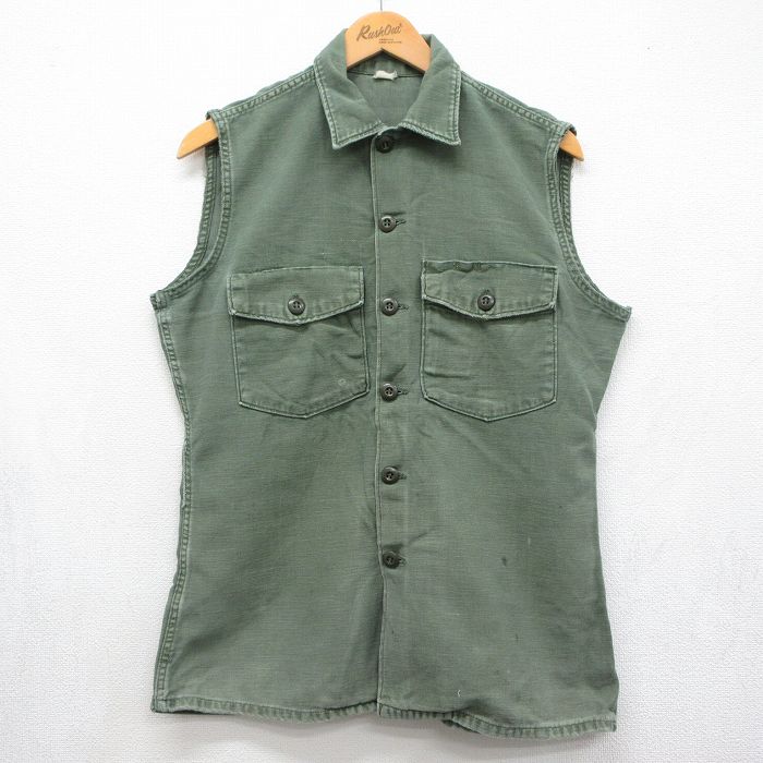 L★古着 ノースリーブ ビンテージ ミリタリー シャツ メンズ 70年代 70s コットン グリーン【spe】 26jun09