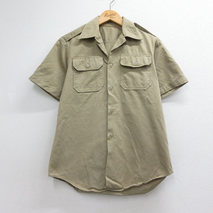 60s 半袖ミリタリーシャツ オープンカラー ベージュ メンズS相当 | 古着