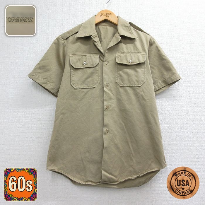 60s 半袖ミリタリーシャツ オープンカラー ベージュ メンズS相当 | 古着