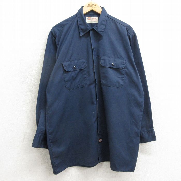 XL★古着 ディッキーズ Dickies 長袖 ワーク シャツ メンズ 90年代 90s ロング丈 USA製 紺 ネイビー 24may11 中古 トップス