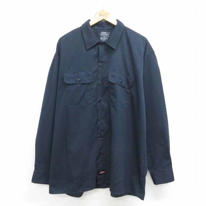 【50%OFF】XL★古着 ディッキーズ Dickies 長袖 ワーク シャツ メンズ 大きいサイズ ロング丈 紺 ネイビー 24aug29 中古 トップス