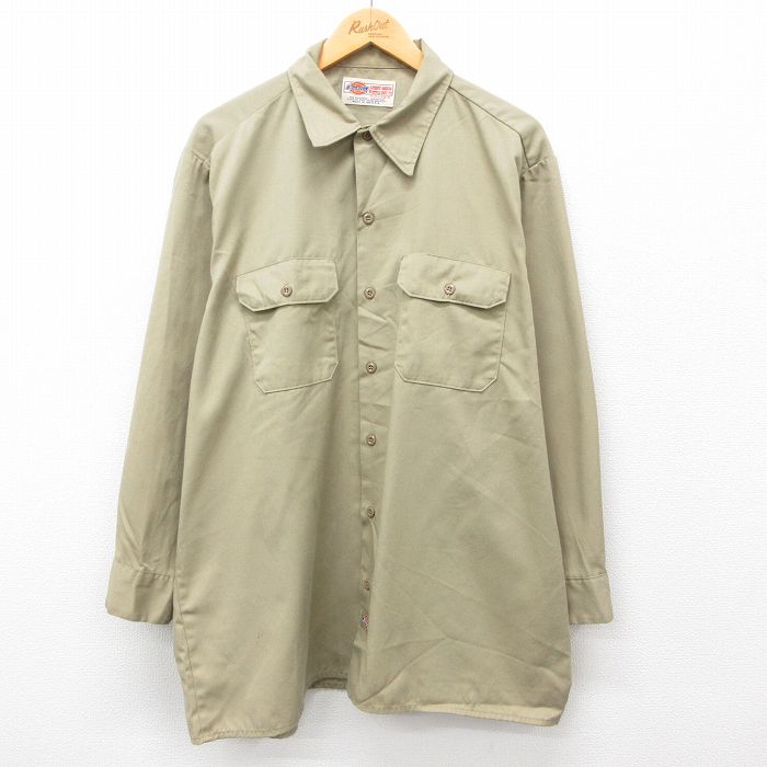 【50%OFF】XL★古着 ディッキーズ Dickies 長袖 ワーク シャツ メンズ 90年代 90s 大きいサイズ ロング丈 USA製 ベージュ カーキ 24sep05 中古 トップス