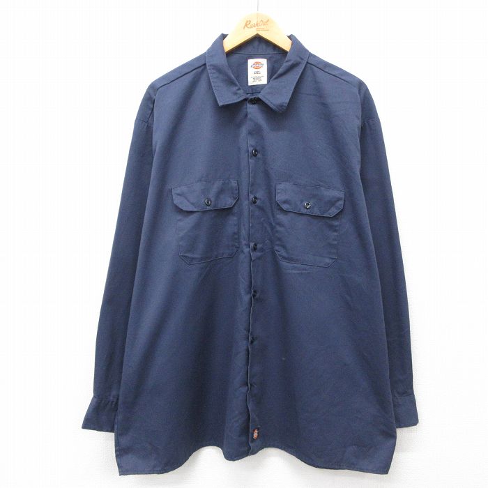 XL★古着 ディッキーズ Dickies 長袖 ワーク シャツ メンズ 大きいサイズ ロング丈 紺 ネイビー 24sep11 中古 トップス