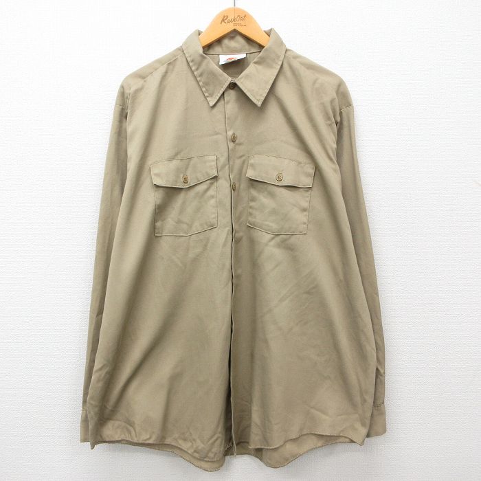 XL★古着 ディッキーズ Dickies 長袖 ワーク シャツ メンズ 90年代 90s 大きいサイズ ロング丈 USA製 ベージュ カーキ 【spe】 24dec03 中古 トップス