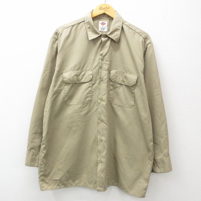 XL★古着 ディッキーズ Dickies 長袖 ワーク シャツ メンズ ベージュ カーキ 24dec18 中古 トップス