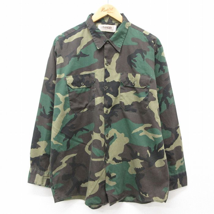 XL★古着 長袖 ハンティング シャツ メンズ 90年代 90s ウッドランドカモ USA製 緑他 グリーン 迷彩 25jan06 中古 トップス