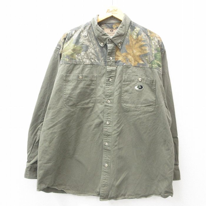 【50%OFF】XL★古着 長袖 ハンティング シャツ メンズ モッシーオーク 大きいサイズ ロング丈 コットン ボタンダウン 緑他 グリーン 25jan23 中古 トップス