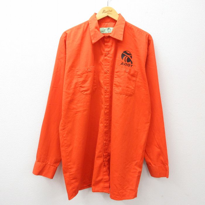 【20%OFF】XL★古着 レッドキャップ 長袖 ワーク シャツ メンズ ADOT 大きいサイズ ロング丈 コットン オレンジ 25jan23 中古 トップス
