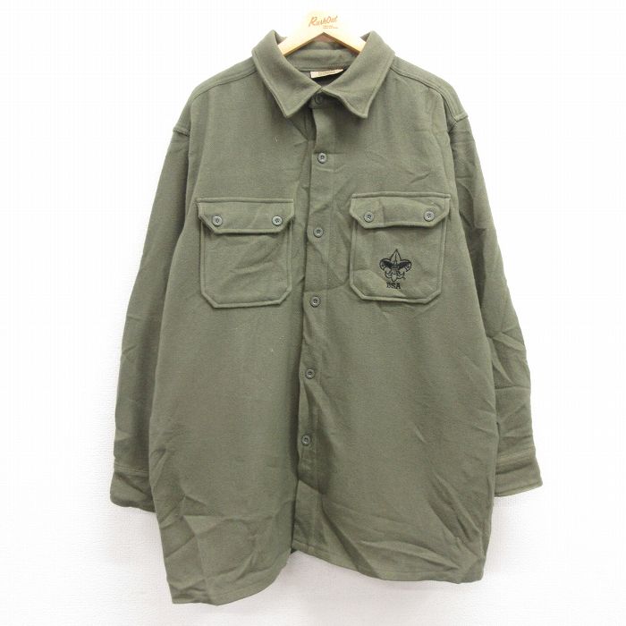 XL★古着 長袖 ボーイスカウト シャツ メンズ ヒジ当て 大きいサイズ ロング丈 ウール 緑系 グリーン 25feb07 中古 トップス