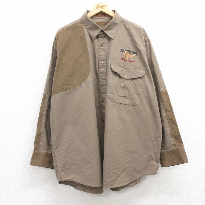 XL★古着 長袖 ハンティング シャツ メンズ BROWNING シカ 大きいサイズ ロング丈 コットン 茶他 ブラウン 【spe】 25feb07 中古 トップス