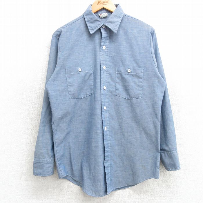 M★古着 長袖 シャンブレー シャツ メンズ 80年代 80s 薄紺 ネイビー 25feb25 中古 トップス