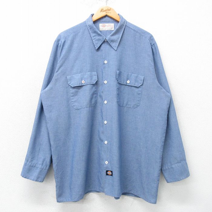 XL★古着 ディッキーズ Dickies 長袖 ワーク シャンブレー シャツ メンズ ロング丈 薄紺 ネイビー 25feb25 中古 トップス