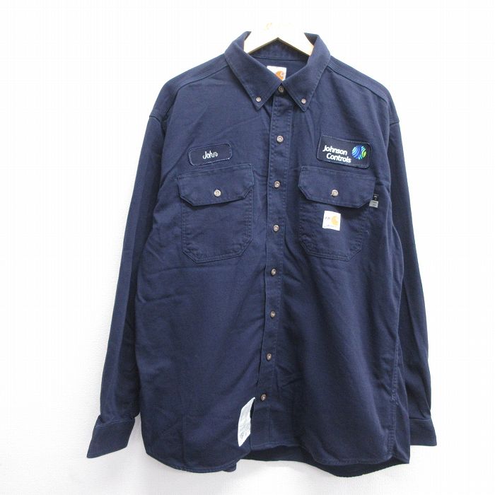 XL★古着 カーハート Carhartt 長袖 ワーク シャツ メンズ Johnson Controls ボタンダウン 紺 ネイビー 25feb27 中古 トップス