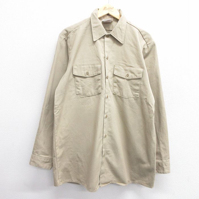 L★古着 ディッキーズ Dickies 長袖 ワーク シャツ メンズ 90年代 90s ロング丈 コットン ベージュ カーキ 25feb27 中古 トップス