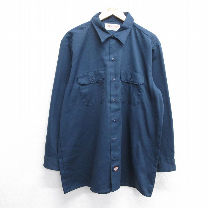 【50%OFF】XL★古着 ディッキーズ Dickies 長袖 ワーク シャツ メンズ 00年代 00s 大きいサイズ ロング丈 USA製 紺 ネイビー 25feb27 中古 トップス