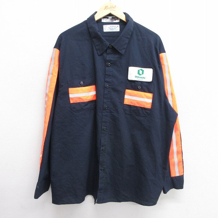 XL★古着 長袖 ワーク シャツ メンズ Oldcastle リフレクター 大きいサイズ ロング丈 紺 ネイビー 25mar05 中古 トップス