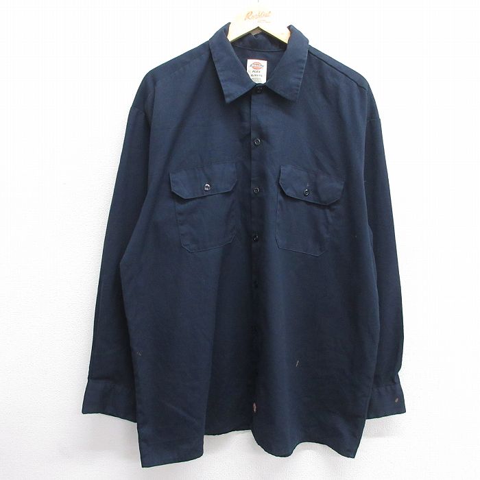 XL★古着 ディッキーズ Dickies 長袖 ワーク シャツ メンズ 大きいサイズ ロング丈 紺 ネイビー 25mar05 中古 トップス