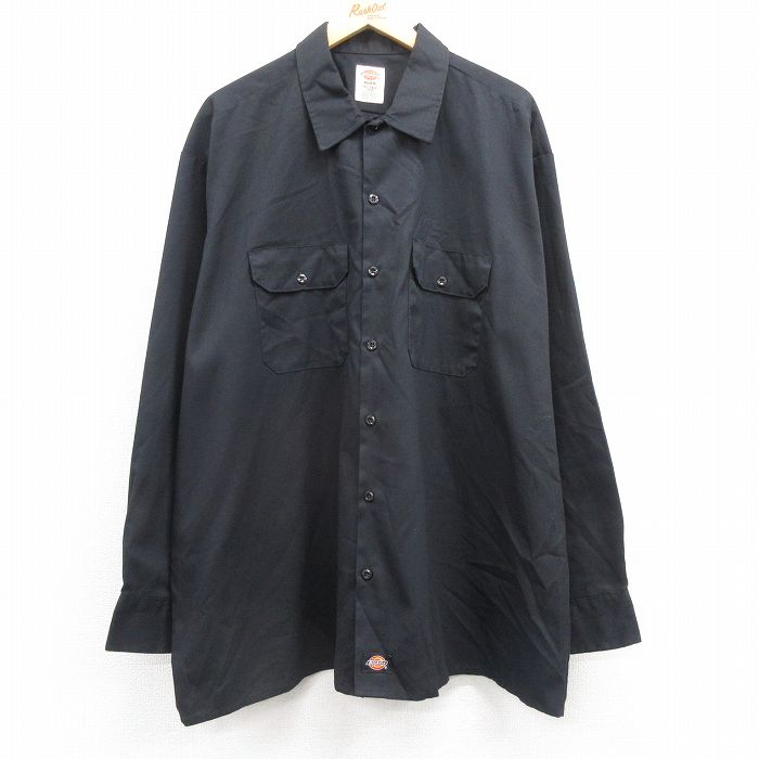 XL★古着 ディッキーズ Dickies 長袖 ワーク シャツ メンズ 大きいサイズ ロング丈 黒 ブラック 25mar14 中古 トップス