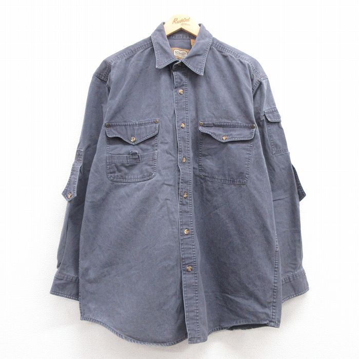 XL★古着 長袖 ワーク シャツ メンズ ロング丈 コットン 紺 ネイビー 25mar14 中古 トップス