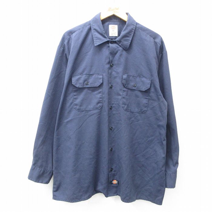 L★古着 ディッキーズ Dickies 長袖 ワーク シャツ メンズ ロング丈 濃紺 ネイビー 25mar15 中古 トップス
