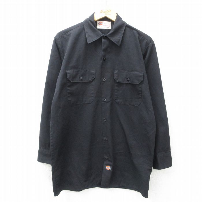 M★古着 ディッキーズ Dickies 長袖 ワーク シャツ メンズ ロング丈 黒 ブラック 25mar15 中古 トップス