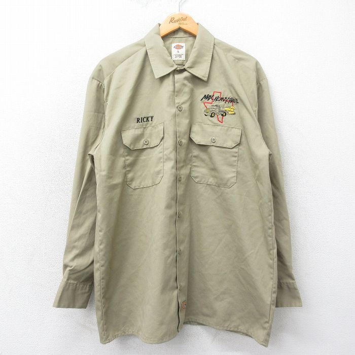 L★古着 ディッキーズ Dickies 長袖 ワーク シャツ メンズ MAX HEAVY HAUL ロング丈 ベージュ カーキ 25mar18 中古 トップス