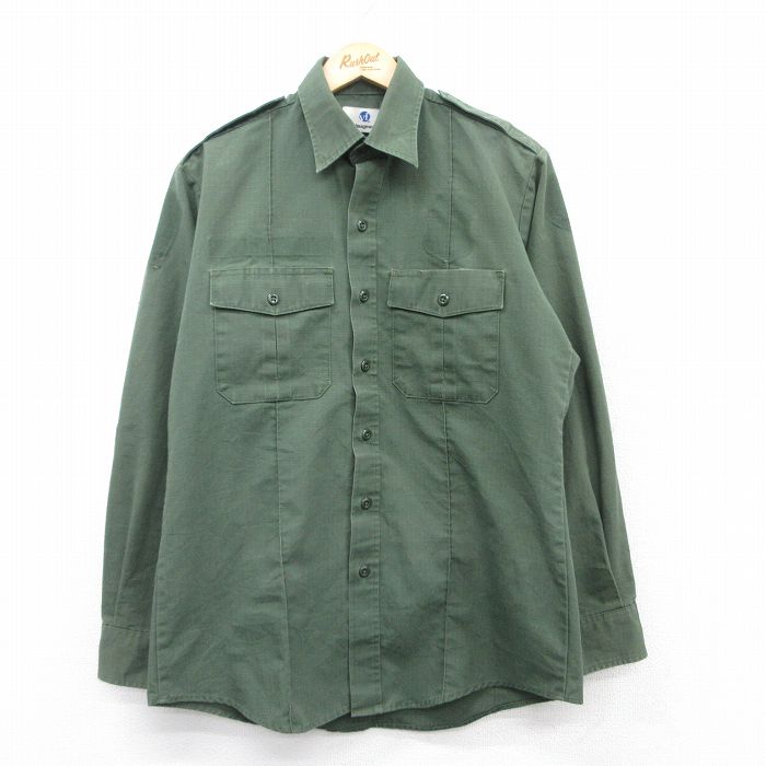 XL★古着 長袖 ワーク シャツ メンズ リップストップ 緑 グリーン 25mar26 中古 トップス