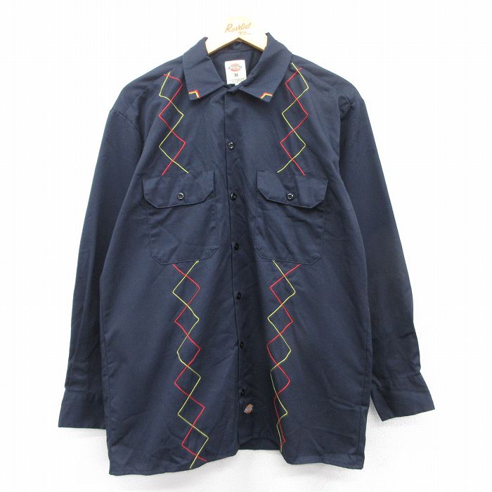 L★古着 ディッキーズ Dickies 長袖 ワーク シャツ メンズ 刺繍 紺系他 ネイビー 25mar26 中古 トップス