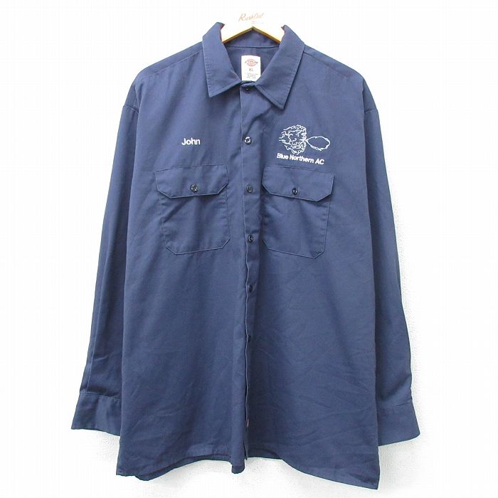 XL★古着 ディッキーズ Dickies 長袖 ワーク シャツ メンズ 大きいサイズ ロング丈 紺 ネイビー 25apr01 中古 トップス