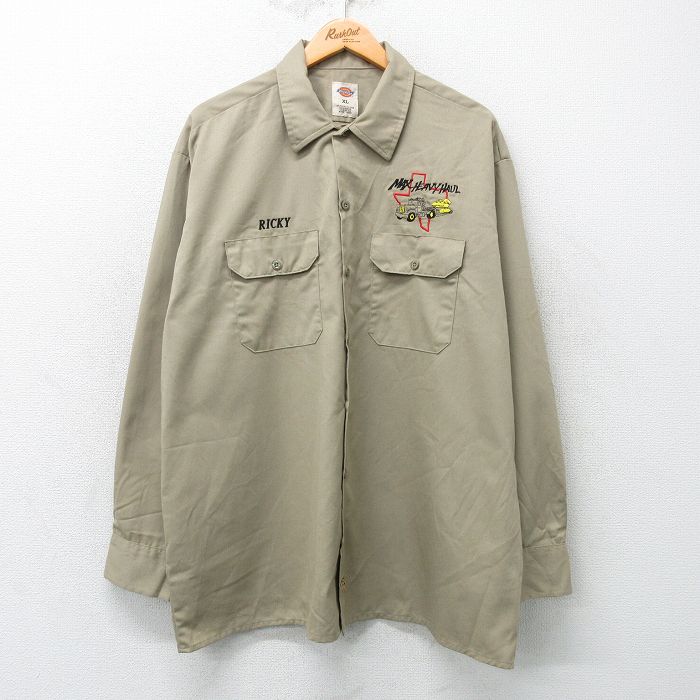 XL★古着 ディッキーズ Dickies 長袖 ワーク シャツ メンズ MAX トラック 大きいサイズ ロング丈 ベージュ系 カーキ 25apr01 中古 トップス