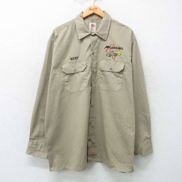 XL★古着 ディッキーズ Dickies 長袖 ワーク シャツ メンズ MAX トラック 大きいサイズ ロング丈 ベージュ系 カーキ 25apr01 中古 トップス
