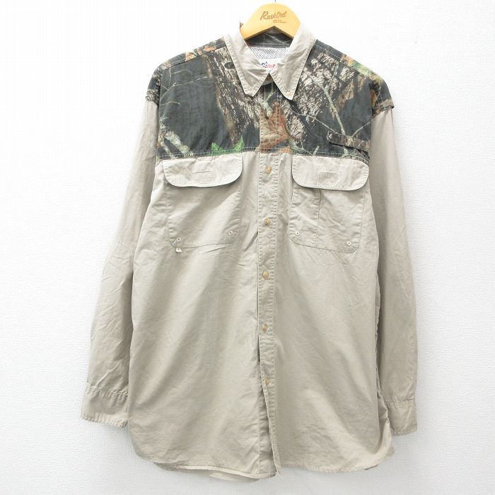 XL★古着 長袖 ハンティング シャツ メンズ モッシーオーク ロング丈 コットン 薄ベージュ他 カーキ 迷彩 内側メッシュ 25apr28 中古 トップス
