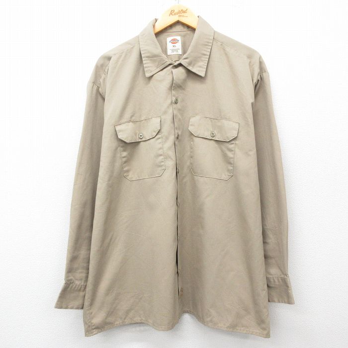 XL★古着 ディッキーズ Dickies 長袖 ワーク シャツ メンズ 大きいサイズ ベージュ カーキ 25may08 中古 トップス