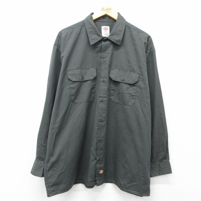 XL★古着 ディッキーズ Dickies 長袖 ワーク シャツ メンズ 大きいサイズ ロング丈 濃緑 グリーン 25may08 中古 トップス