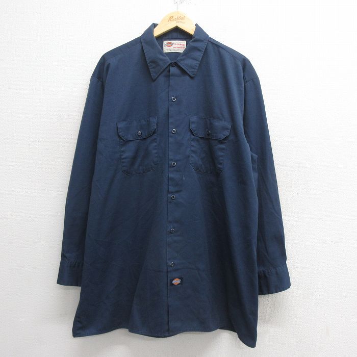 【50%OFF】XL★古着 ディッキーズ Dickies 長袖 ワーク シャツ メンズ 00年代 00s 大きいサイズ ロング丈 紺 ネイビー 25may26 中古 トップス