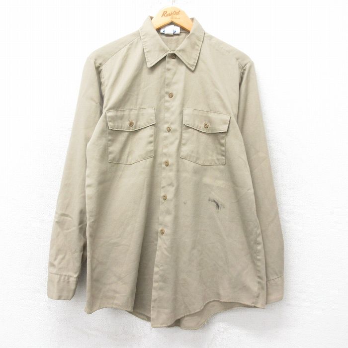 L★古着 ディッキーズ Dickies 長袖 ワーク シャツ メンズ 90年代 90s USA製 ベージュ カーキ 25jun13 中古 トップス