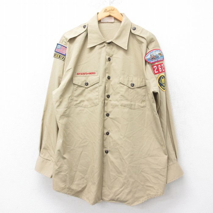 XL★古着 長袖 ボーイスカウト シャツ メンズ 90年代 90s 大きいサイズ ロング丈 USA製 ベージュ カーキ 25jun28 中古 トップス