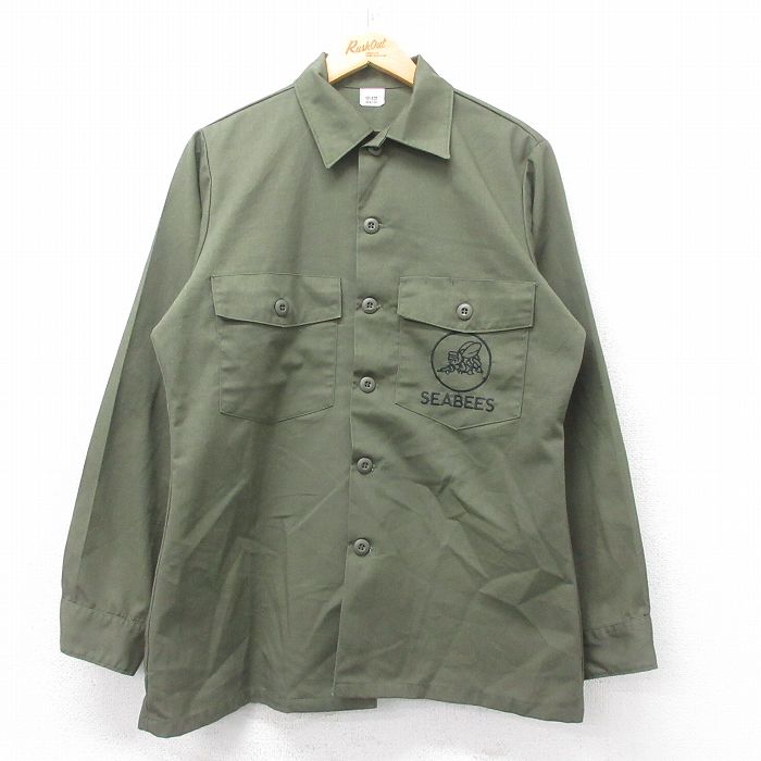 L★古着 長袖 ミリタリー シャツ メンズ 80年代 80s SEABEES 刺繍 ユーティリティ USA製 緑系 グリーン 【spe】 25jun28 中古 トップス