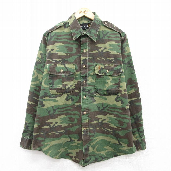 XL★古着 BROWNING 長袖 ハンティング シャツ メンズ 90年代 90s　ロング丈 USA製 濃緑他 グリーン 迷彩 【spe】 25aug18 中古 トップス