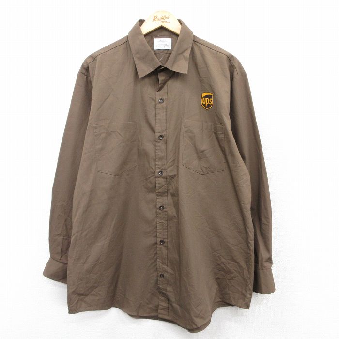XL★古着 長袖 ワーク シャツ メンズ ups 大きいサイズ ロング丈 茶 ブラウン 25aug18 中古 トップス
