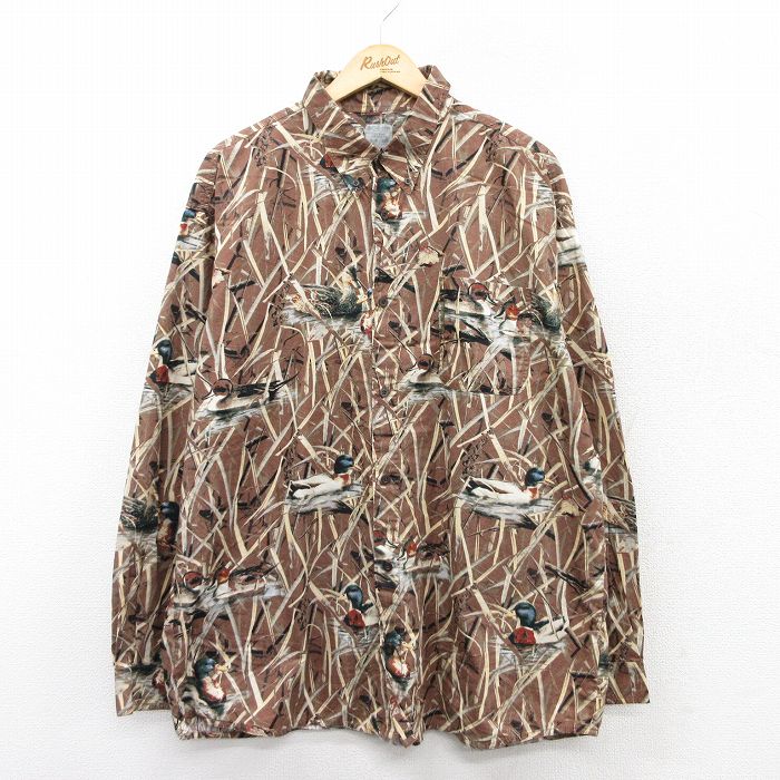 XL★古着 コロンビア COLUMBIA 長袖 ハンティング シャツ メンズ 鳥 総柄 大きいサイズ ロング丈 ボタンダウン 茶他 ブラウン 25aug18 中古 トップス