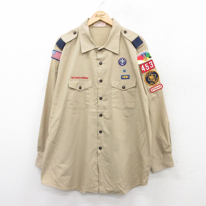 XL★古着 長袖 ボーイスカウト シャツ メンズ 90年代 90s 大きいサイズ ロング丈 USA製 ベージュ カーキ 25aug26 中古 トップス