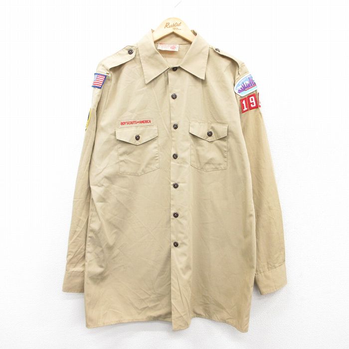 XL★古着 長袖 ボーイスカウト シャツ メンズ 90年代 90s ロング丈 USA製 ベージュ カーキ 25aug26 中古 トップス