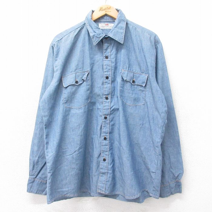 XL★古着 フルーツオブザルーム 長袖 シャンブレー シャツ メンズ 80年代 80s 大きいサイズ 薄紺 ネイビー 【spe】 25sep01 中古 トップス