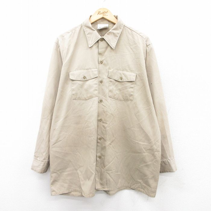 XL★古着 ディッキーズ Dickies 長袖 ワーク シャツ メンズ 90年代 90s 大きいサイズ ロング丈 USA製 ベージュ カーキ 25sep18 中古 トップス