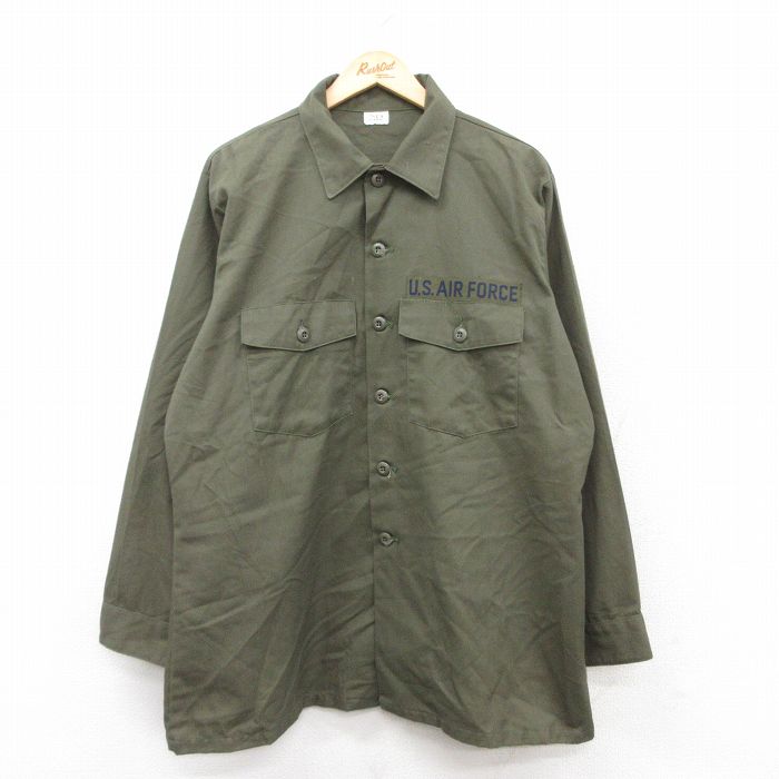 XL★古着 長袖 ミリタリー シャツ メンズ 80年代 80s USエアフォース ユーティリティ 大きいサイズ ロング丈 USA製 緑系 グリーン 25sep18 中古 トップス